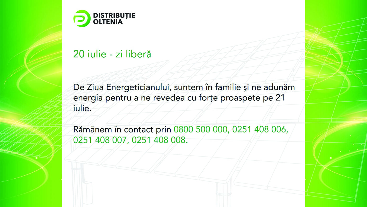 Centrele de Relatii cu Utilizatorii Distributie Oltenia nu vor avea program de lucru cu publicul in ziua de 20 iulie 2021 c - Jurnalul Olteniei – Știri din Craiova și Oltenia