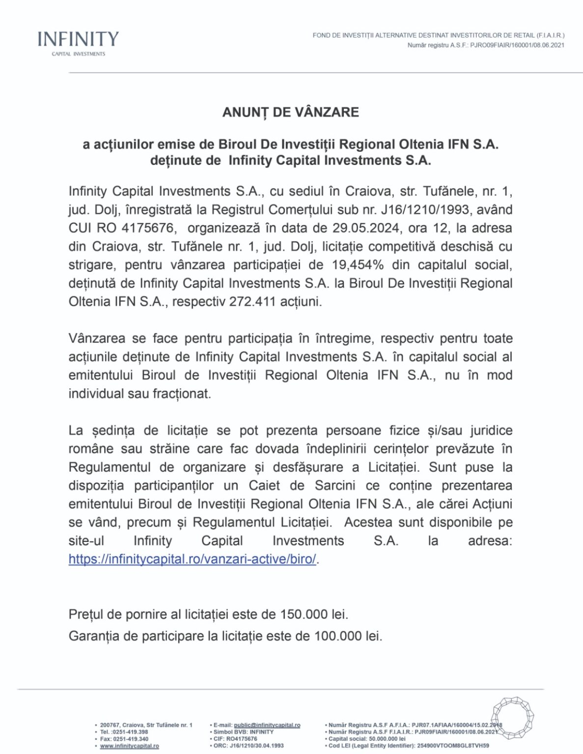 anunt infinity - Jurnalul Olteniei – Știri din Craiova și Oltenia