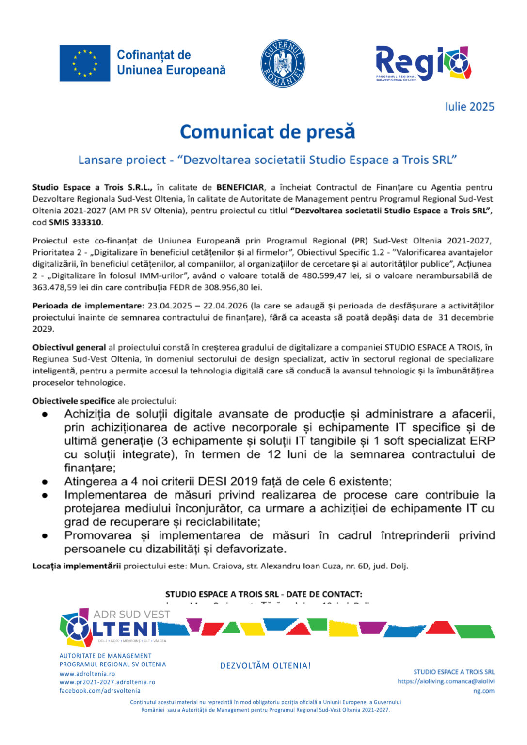 Comunicat de presa incepere proiect_SMIS 333310 - Jurnalul Olteniei – Știri din Craiova și Oltenia