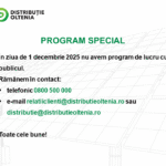 Centrele de Relații cu Utilizatorii Distribuție Oltenia nu vor avea program de lucru cu publicul în data de 1 decembrie 2025