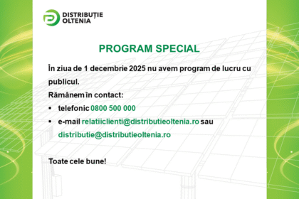 Centrele de Relații cu Utilizatorii Distribuție Oltenia nu vor avea program de lucru cu publicul în data de 1 decembrie 2025