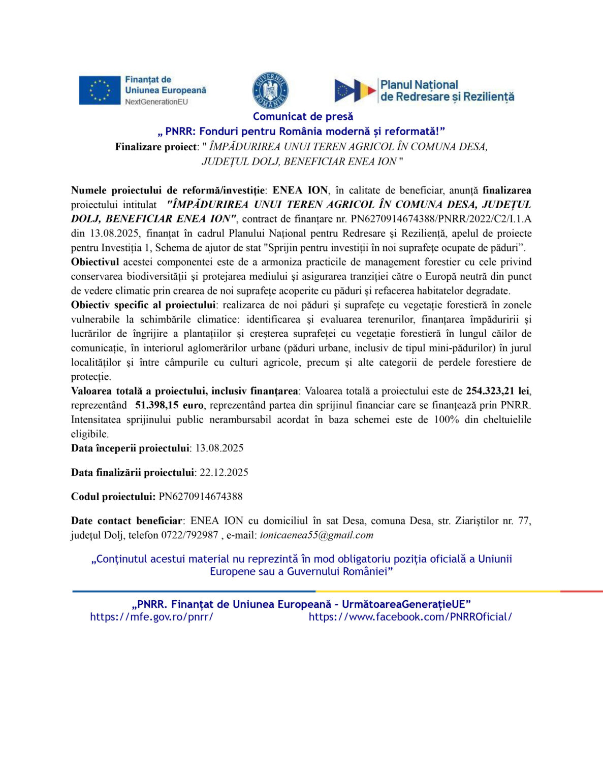 Comunicat de presă-ENEA_FINALIZARE PROIECT 1 - Jurnalul Olteniei – Știri din Craiova și Oltenia