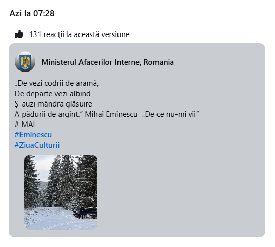 Gafă MAI de Ziua lui Eminescu: Poezie citată greșit