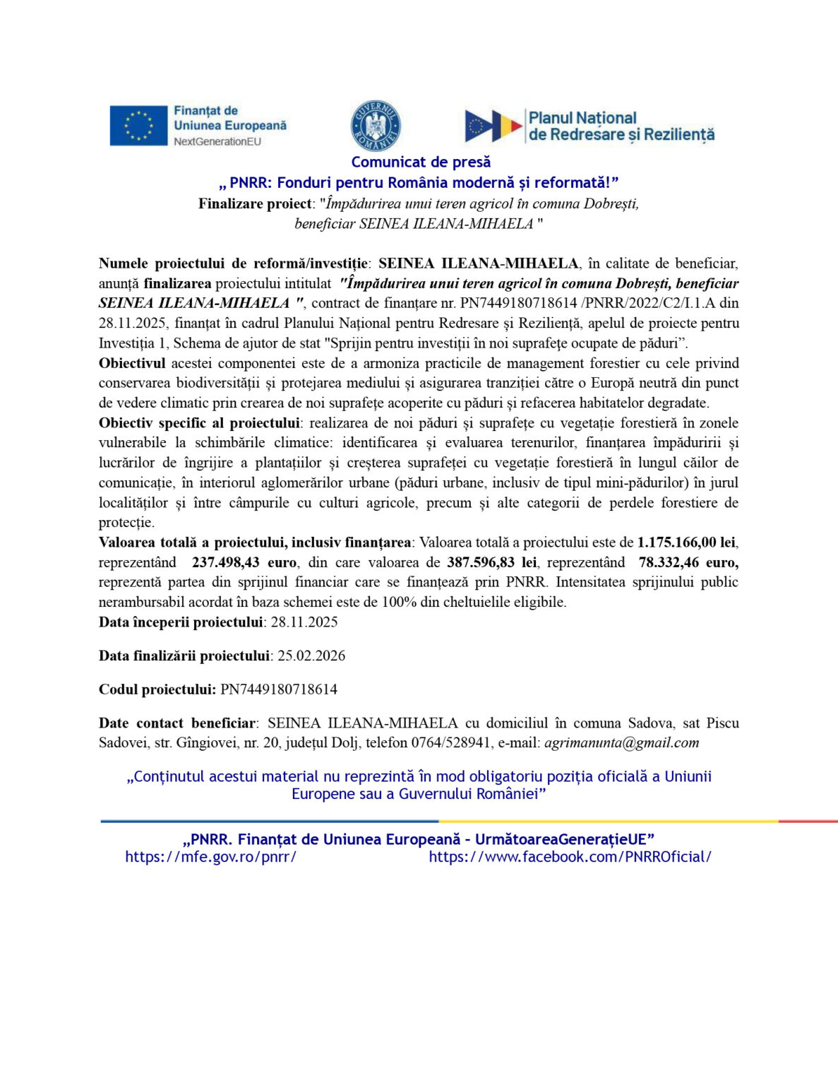 Comunicat de presă-SEINEA_FINALIZARE PROIECT - Jurnalul Olteniei – Știri din Craiova și Oltenia