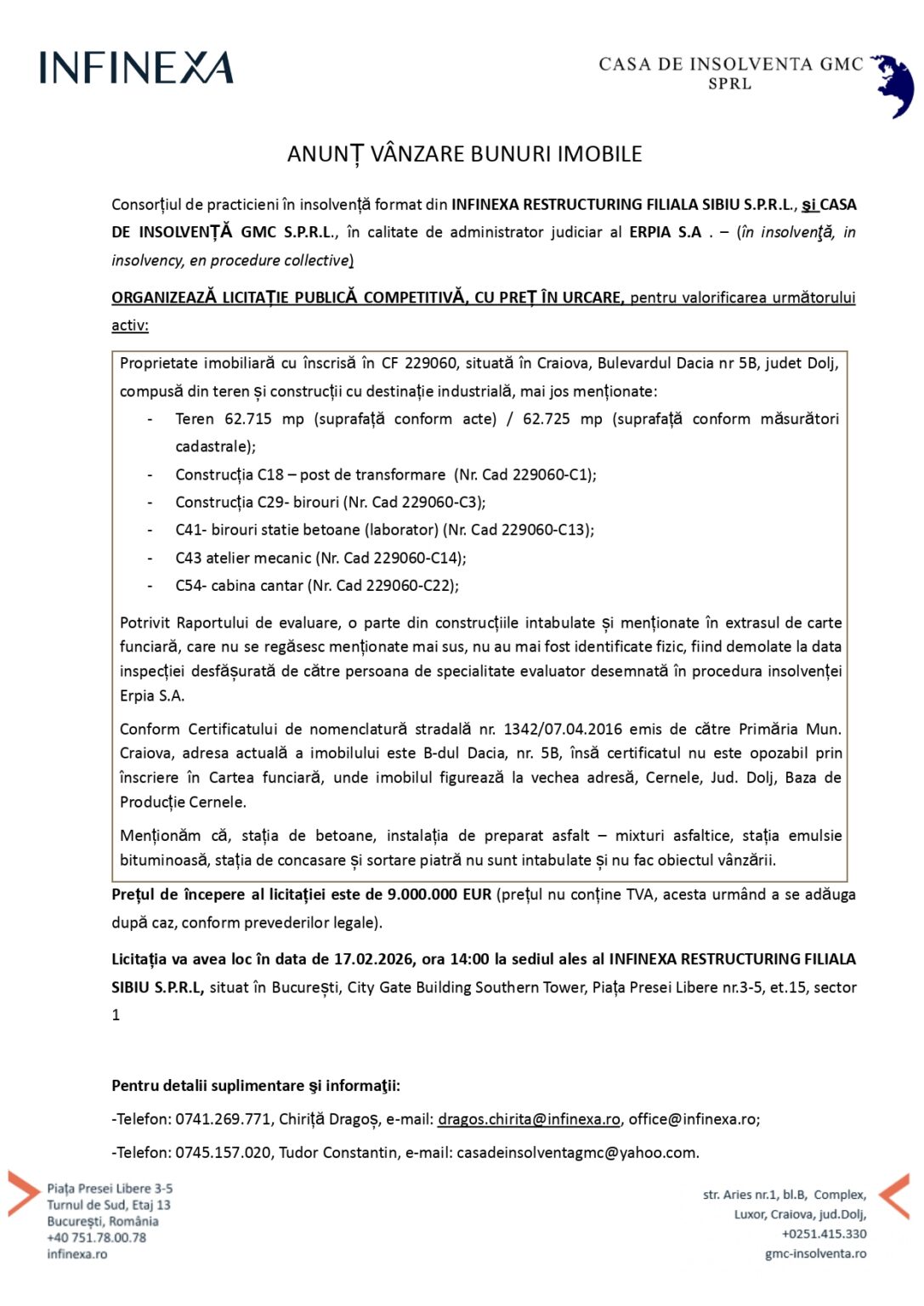 ERPIA SA- ANUNT DE VANZARE - Jurnalul Olteniei – Știri din Craiova și Oltenia