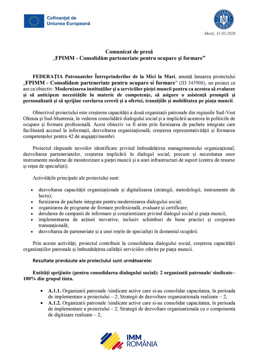FPIMM comunicat de presa lansare proiect-1 - Jurnalul Olteniei – Știri din Craiova și Oltenia