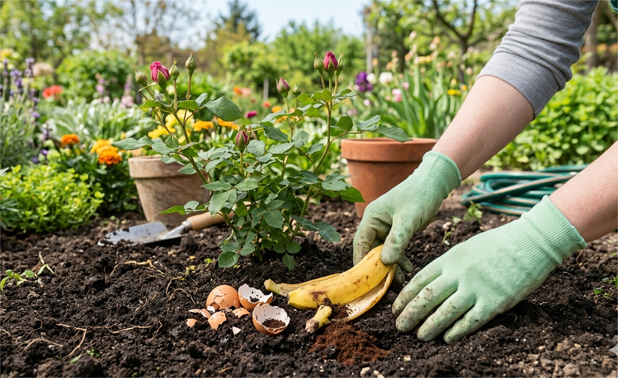 Cojile de banane în grădină: Trucul pentru flori superbe