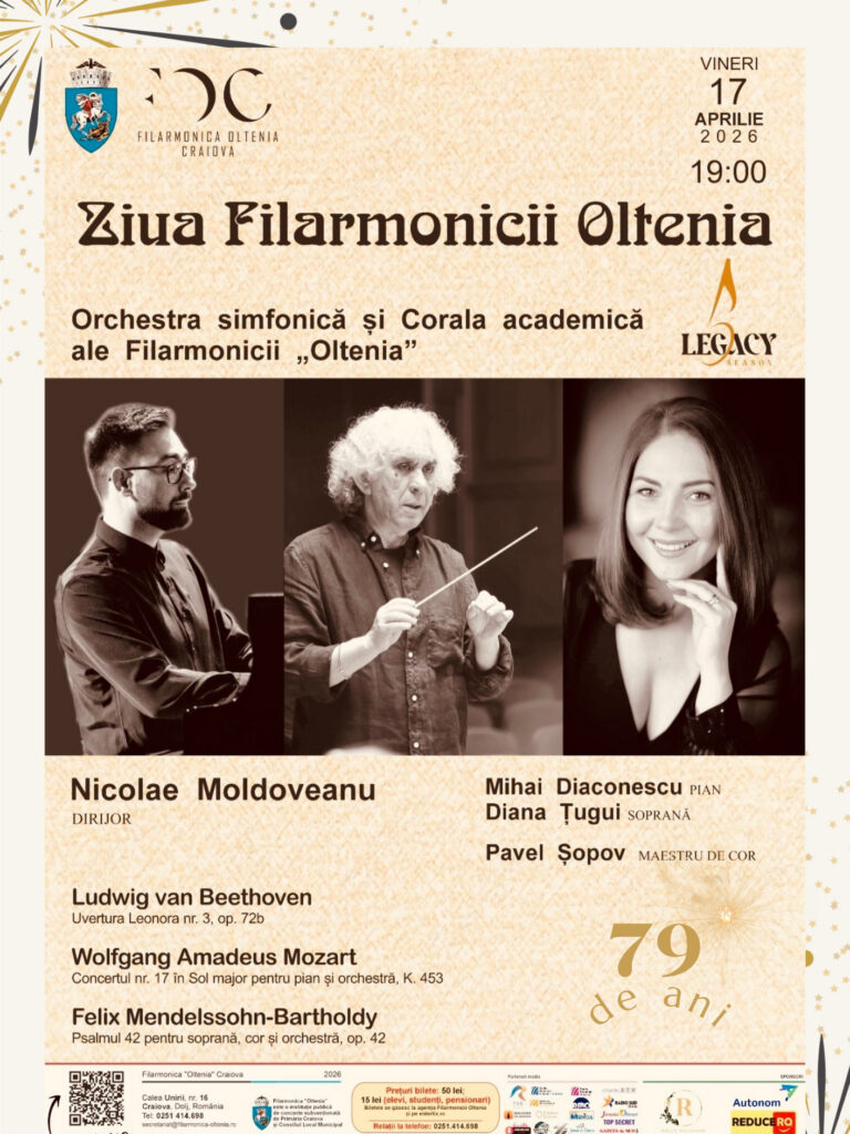 Gold and Black Retro Anniversary Poster - 1 - Jurnalul Olteniei – Știri din Craiova și Oltenia Concert poster for Ziu vul Filarmonicii Oltenia: Orchestra and Academic Choir Oltenia, featuring conductor Nicolae Moldoveanu, pianist Mihai Diaconescu, soprano Diana Tugui, and baritone Pavel Şopov; date Fri 17 April 2026, 19:00; program includes Beethoven, Mozart and Mendelssohn.