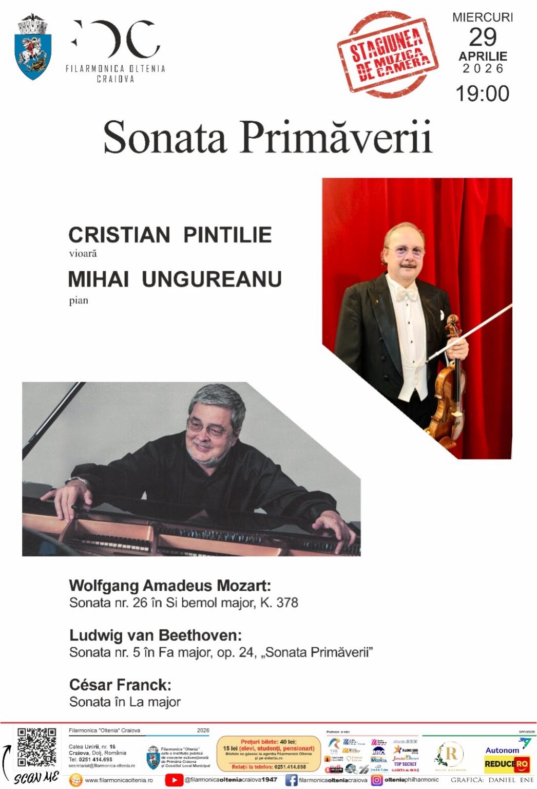 Poster for Sonata Primăverii concert with Cristian Pintilie (viola) and Mihai Ungureanu (piano), plus composer list.