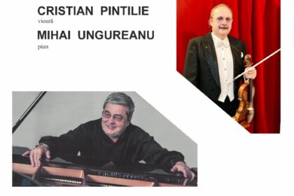 Poster for Sonata Primăverii concert with Cristian Pintilie (viola) and Mihai Ungureanu (piano), plus composer list.