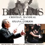 Promotional poster for a Brahms concert featuring conductor Cristian Mandeal and pianist Oxana Corjos by Filarmonica Oltenia Craiova, with orchestra imagery below.