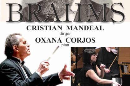 Promotional poster for a Brahms concert featuring conductor Cristian Mandeal and pianist Oxana Corjos by Filarmonica Oltenia Craiova, with orchestra imagery below.