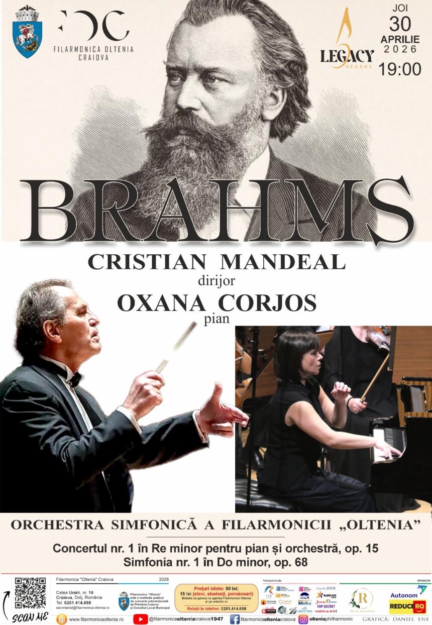 Promotional poster for a Brahms concert featuring conductor Cristian Mandeal and pianist Oxana Corjos by Filarmonica Oltenia Craiova, with orchestra imagery below.