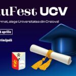EduFest UCV poster: date 24–26 April, main entrance event information and logos on a blue gradient background with a graduation cap and diploma iconography (Romania).