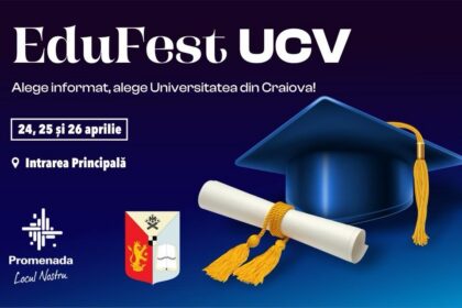 EduFest UCV poster: date 24–26 April, main entrance event information and logos on a blue gradient background with a graduation cap and diploma iconography (Romania).