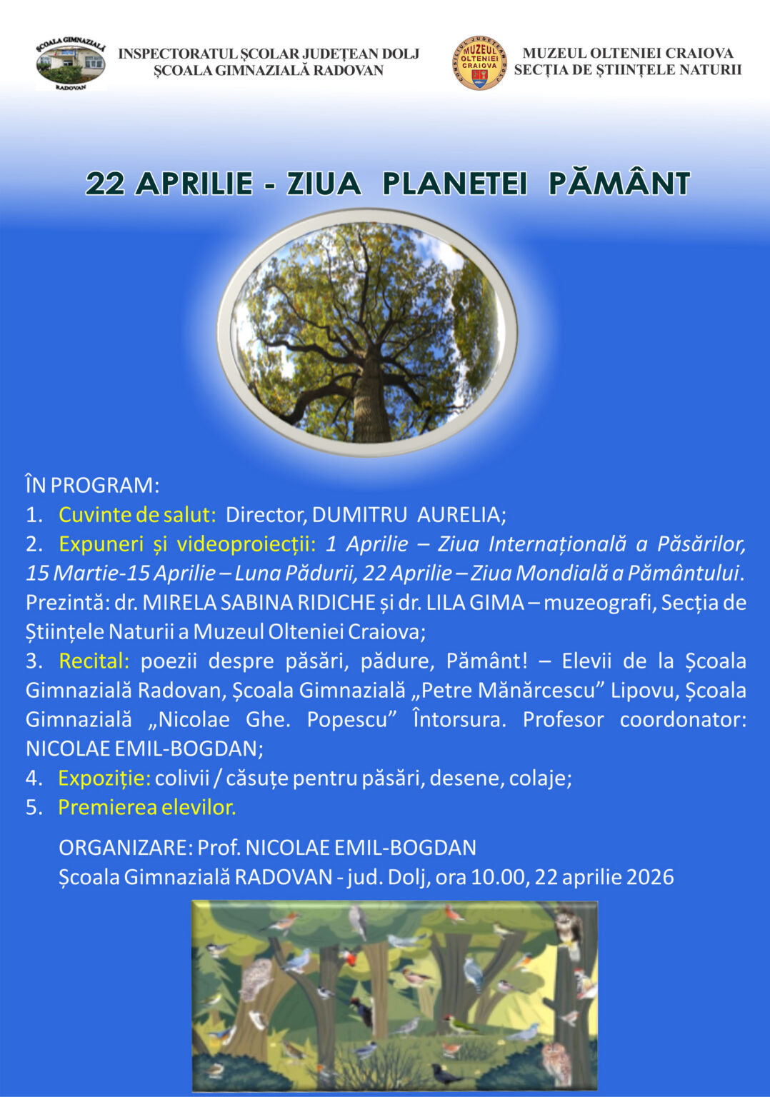Poster for 22 April - Earth Day with a photo of a tree and event program in Romanian.