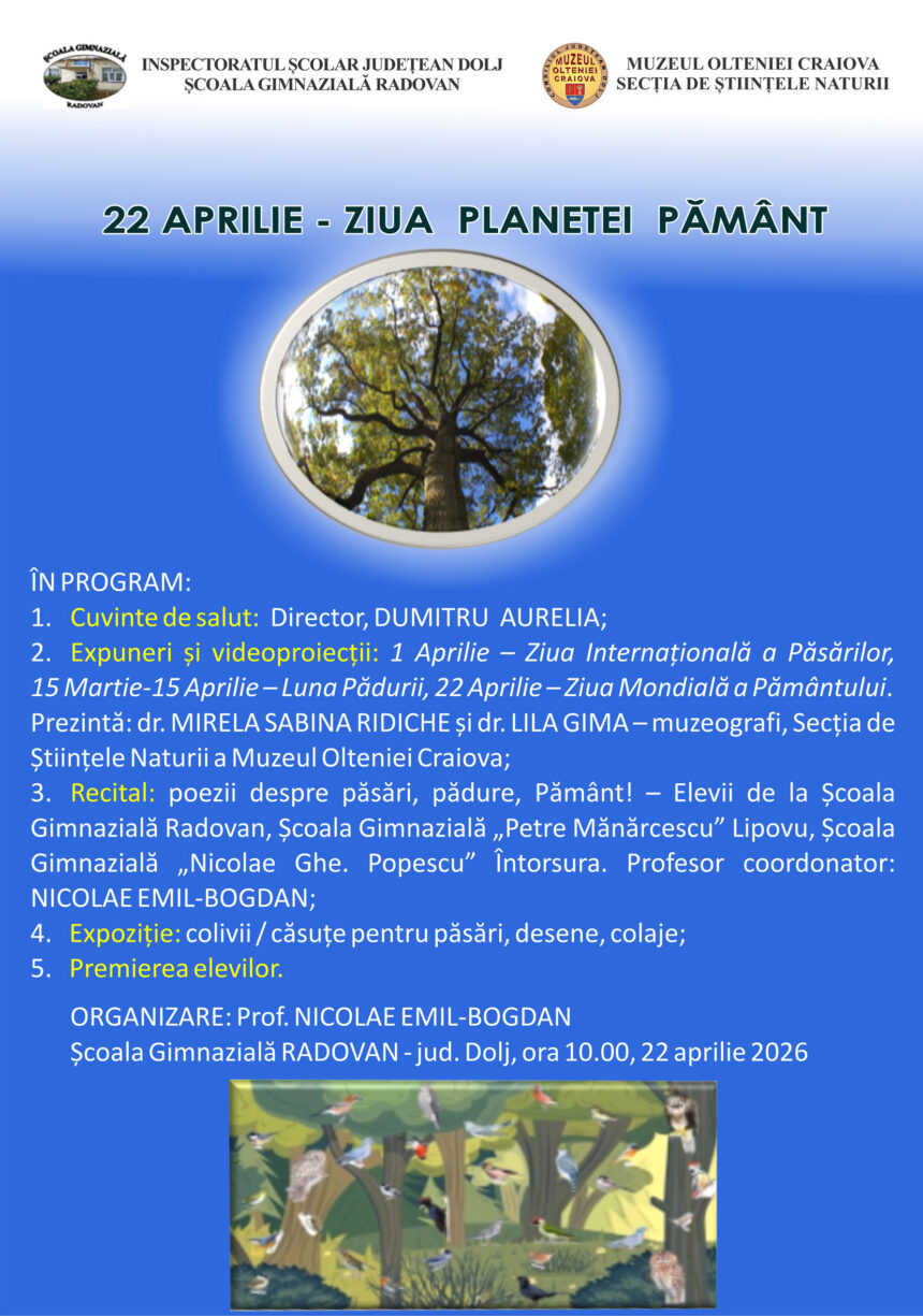Poster for 22 April - Earth Day with a photo of a tree and event program in Romanian.