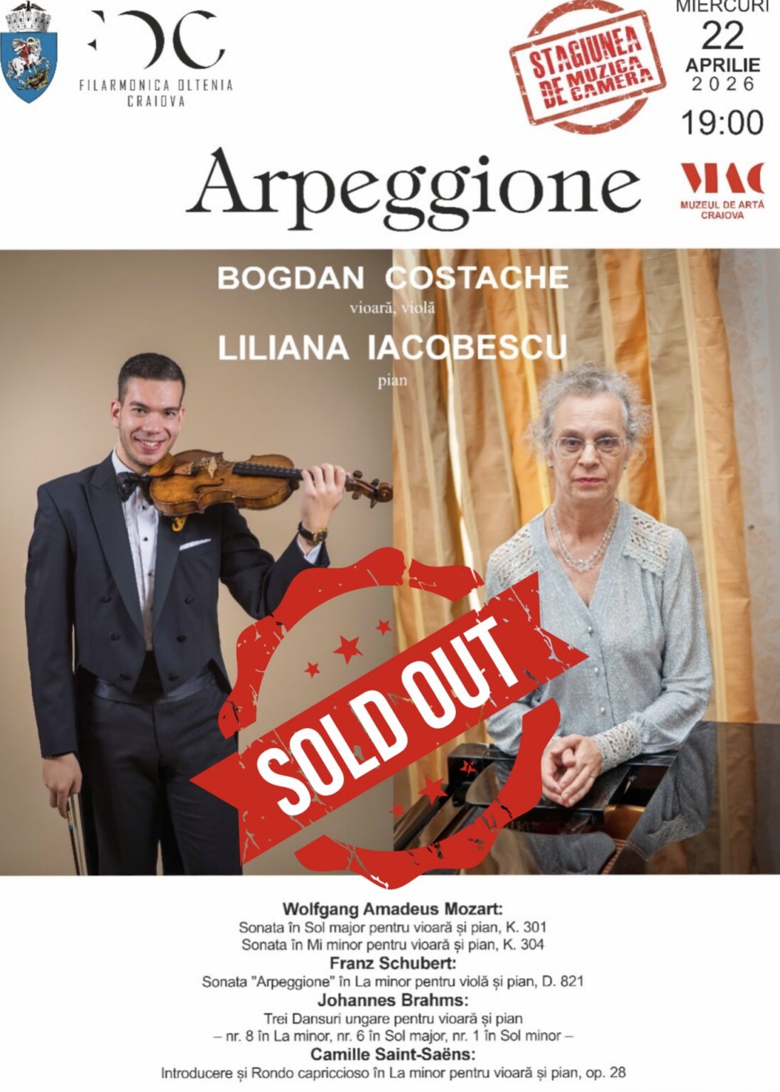 Poster for Arpeggione concert featuring Bogdan Costache (violin) and Liliana Iacobescu (piano); large SOLD OUT stamp across the image.