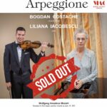 Poster for Arpeggione concert featuring Bogdan Costache (violin) and Liliana Iacobescu (piano); large SOLD OUT stamp across the image.