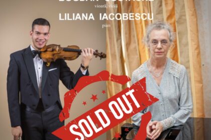 Poster for Arpeggione concert featuring Bogdan Costache (violin) and Liliana Iacobescu (piano); large SOLD OUT stamp across the image.
