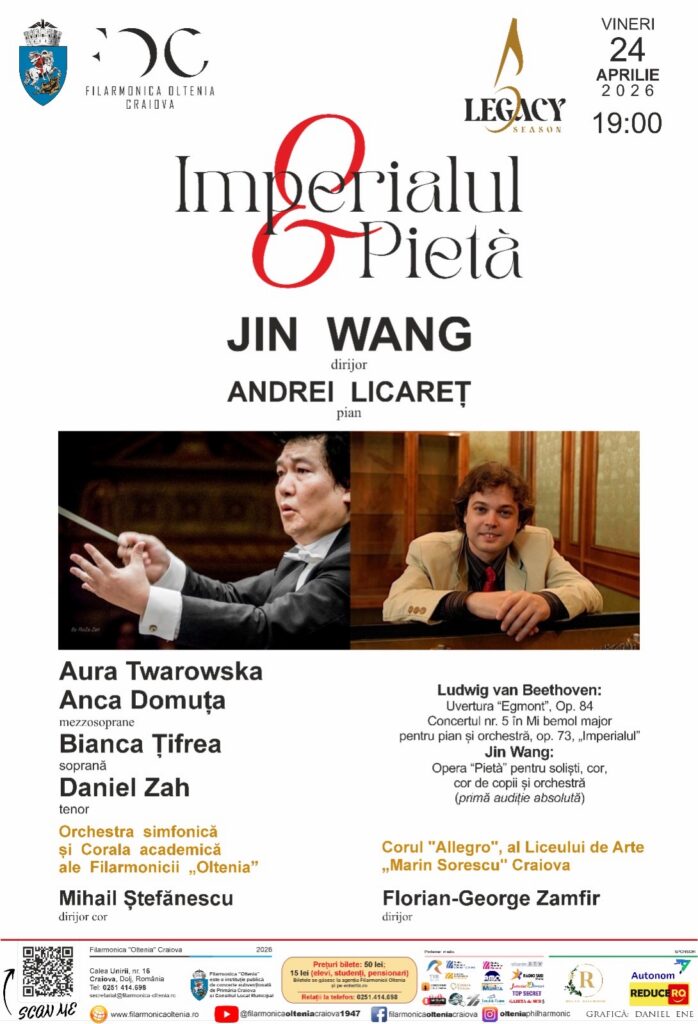 Poster advertising a classical concert titled 'Imperialul & Piesă' with Jin Wang and Andrei Licăret; features performer photos and program details (date, time, venue).