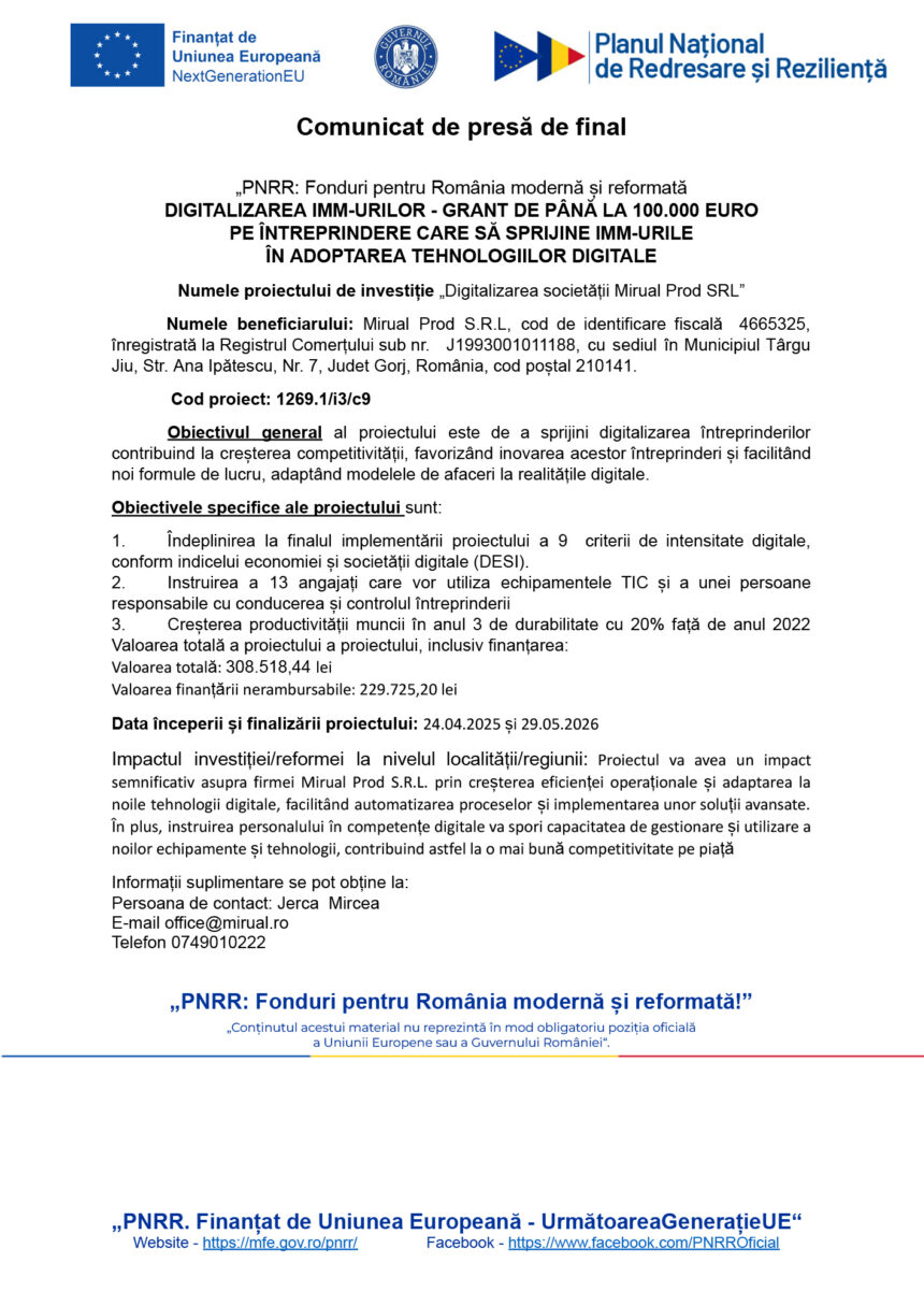 Official press release page header with EU and Romanian logos; title announces grant for digitalization of companies and adoption of digital technologies.