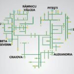 Infographic map of a green transit network with yellow and blue nodes, labeling Romanian towns: Targu Jiu, Drobeta Turnu Severin, Craiova, Ramnicu Valcea, Pitesti, Slatina, Alexandria.