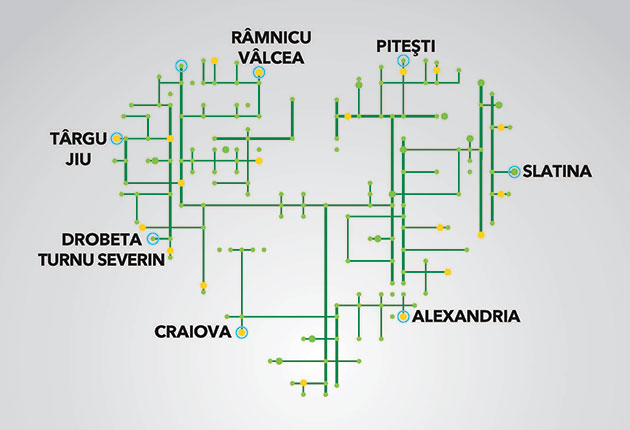 Infographic map of a green transit network with yellow and blue nodes, labeling Romanian towns: Targu Jiu, Drobeta Turnu Severin, Craiova, Ramnicu Valcea, Pitesti, Slatina, Alexandria.