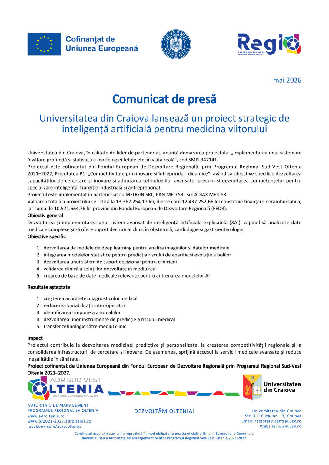 Press release page header with EU flag, Romanian logos, and Regio logo; title 'Comunicat de presă' and Romanian body text visible at top of document.