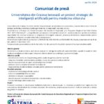 Comunicat de presă al Universității din Craiova, aprilie 2026, despre un proiect strategic de inteligență artificială pentru medicina viitorului, cu logo-uri UE și naționale.