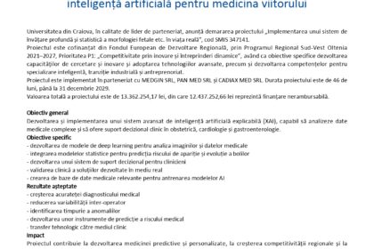 Comunicat de presă al Universității din Craiova, aprilie 2026, despre un proiect strategic de inteligență artificială pentru medicina viitorului, cu logo-uri UE și naționale.