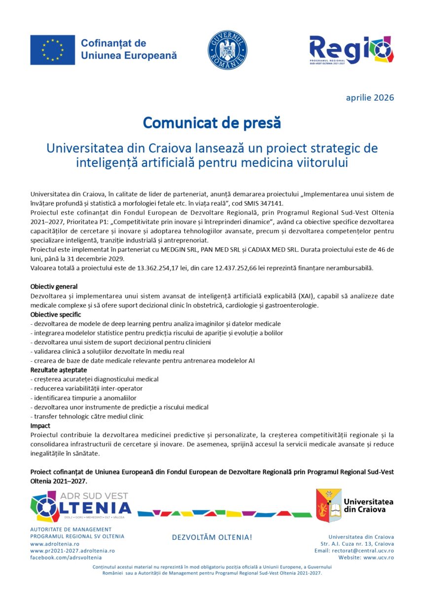 Comunicat de presă al Universității din Craiova, aprilie 2026, despre un proiect strategic de inteligență artificială pentru medicina viitorului, cu logo-uri UE și naționale.