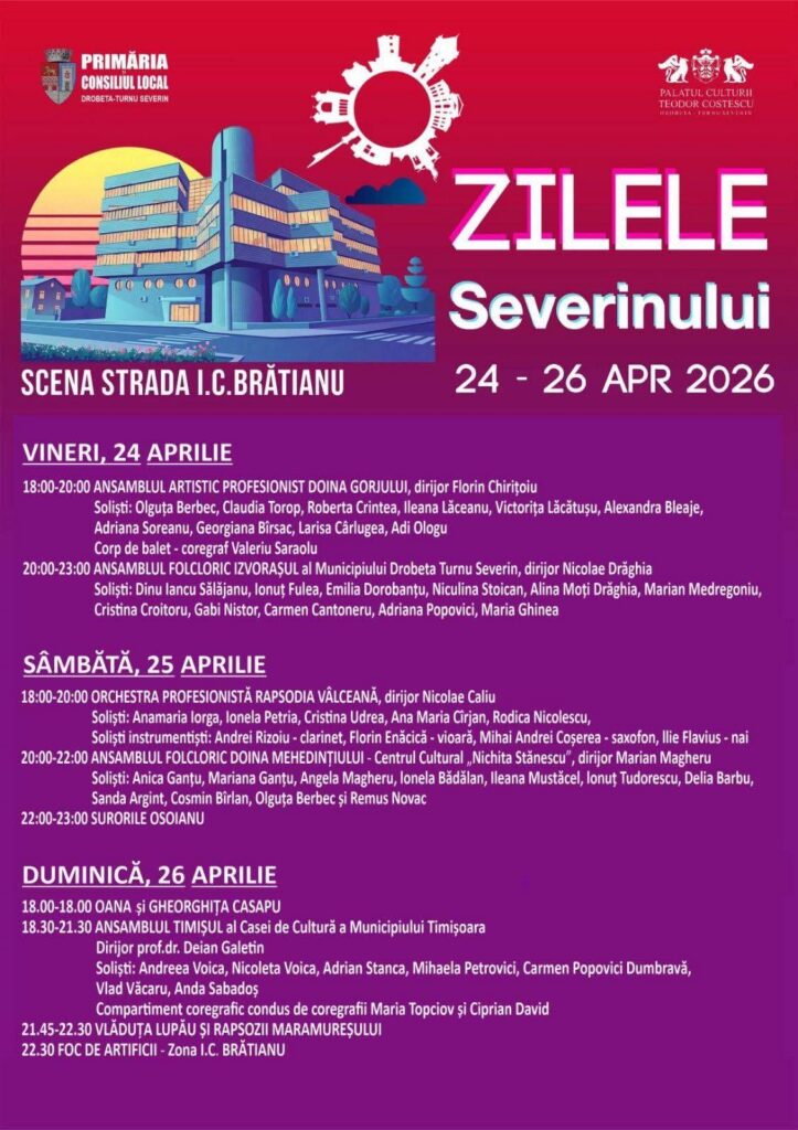 Poster for Zilele Severinului festival with a stylized blue building and dates 24–26 APR 2026.