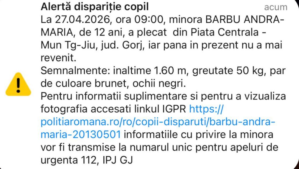 Alerta de dispariție a unei fete de 12 ani, Barbu Andra-Maria, dispărută din Piată Centrală; descriere sumară și link IGPR pentru detalii.