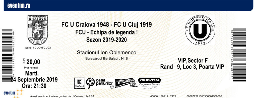 Ticket for FCU Craiova 1948 vs FC U Cluj 1919 football match, Stadionul Ion Oblemenco, 24 September 2019, 21:30; VIP Sector F.