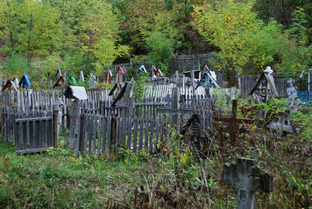 Overgrown graveyard with weathered wooden crosses and small tomb markers, surrounded by trees.