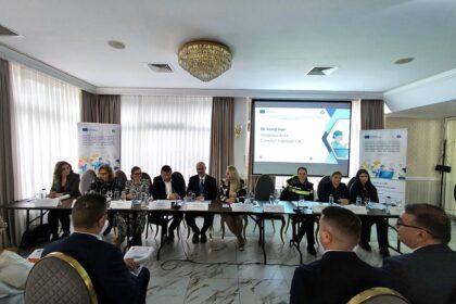 Panel of ten people seated at a long conference table in a meeting room, with a projector screen displaying a presentation behind them.
