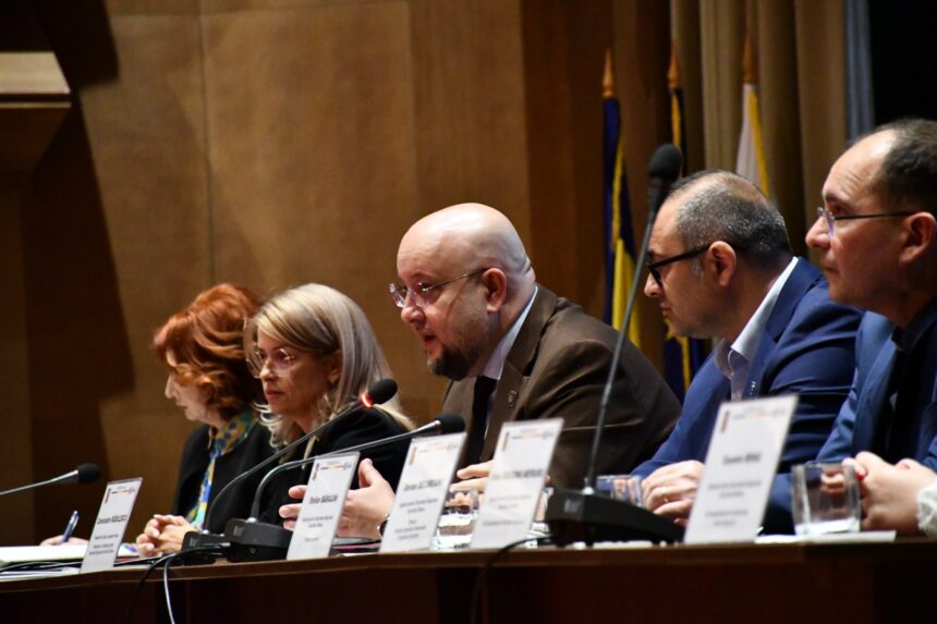 Panel of five professionals at a conference table, speaking into microphones with nameplates in front.