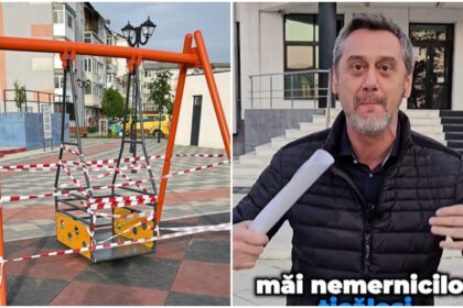 Orange playground swing set taped off with red-and-white barrier tape in a residential courtyard outside buildings.