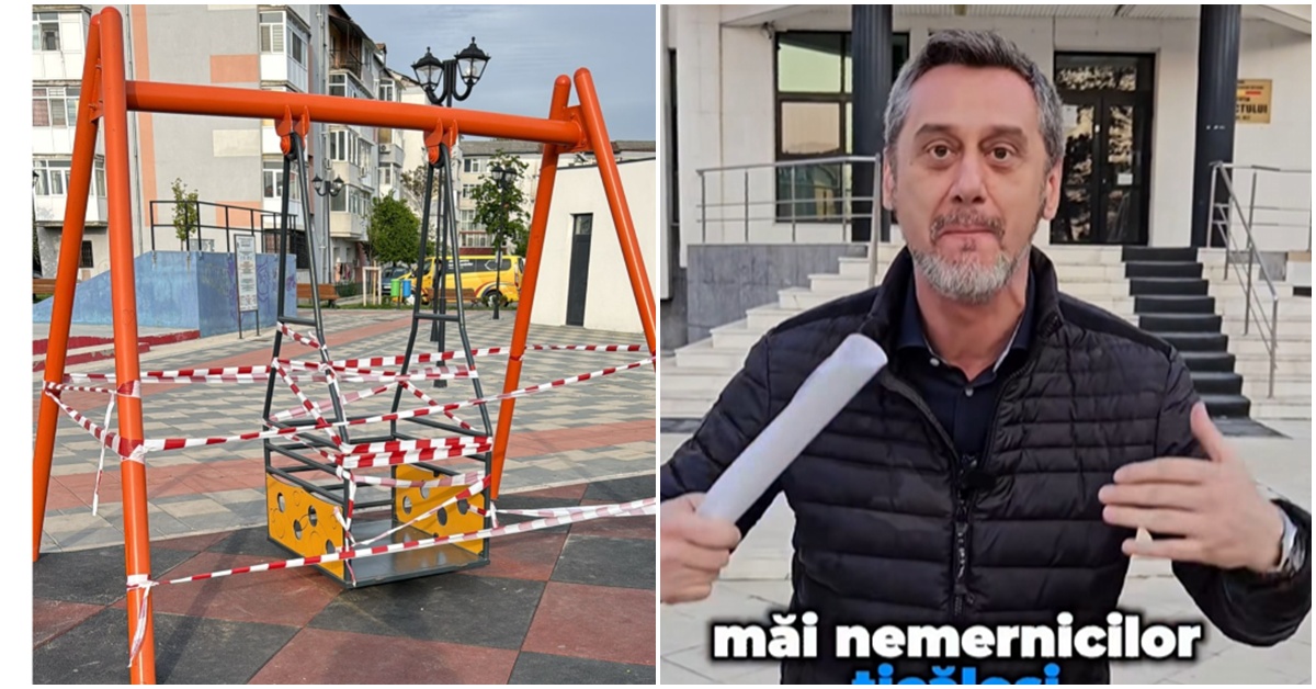 Orange playground swing set taped off with red-and-white barrier tape in a residential courtyard outside buildings.