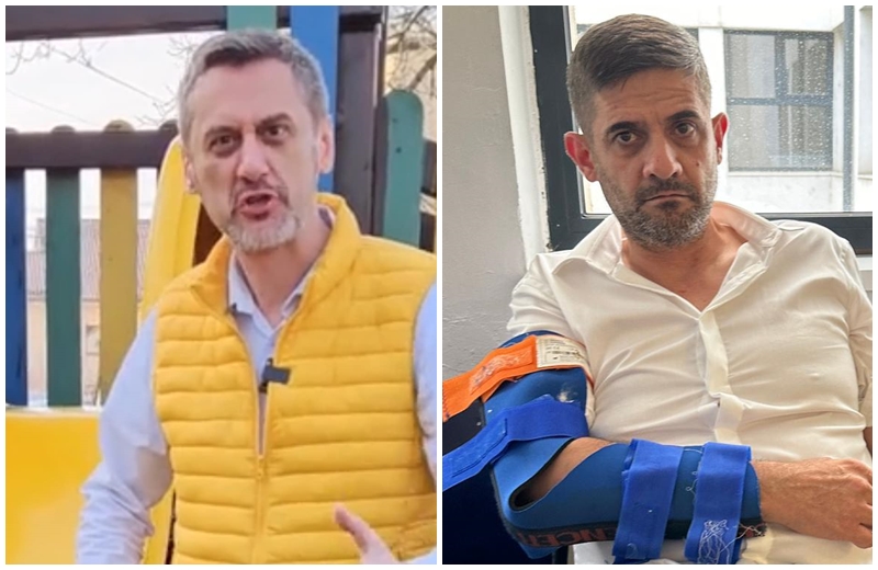 Two photos of a man with short gray hair and beard: left in a yellow puffer vest at a playground, right in a white shirt with a blue/orange arm brace indoors.