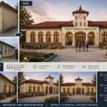Before: dilapidated single-story building with peeling plaster and broken facade; after: renovated school with arched windows and clock tower exterior.