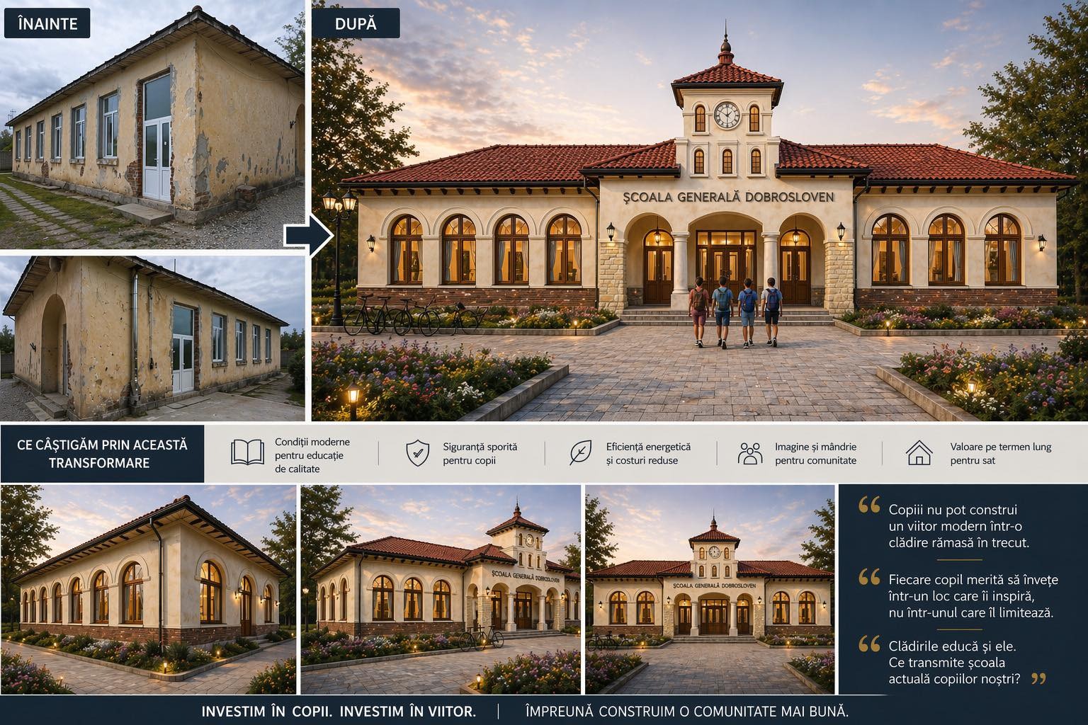 Before: dilapidated single-story building with peeling plaster and broken facade; after: renovated school with arched windows and clock tower exterior.
