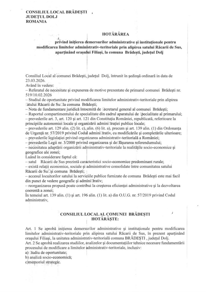 document Alipirea satului Răcarii de Sus la comuna Brădeşti aprobată - Jurnalul Olteniei – Știri din Craiova și Oltenia
