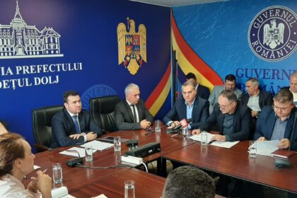 Group of officials in suits seated around a conference table during a government briefing in a blue room with Romanian emblems on the wall.