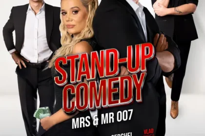 Promotional poster for Stand-Up Comedy: four people in suits, central confident man, bold red title, 'MRS & MR 007'.