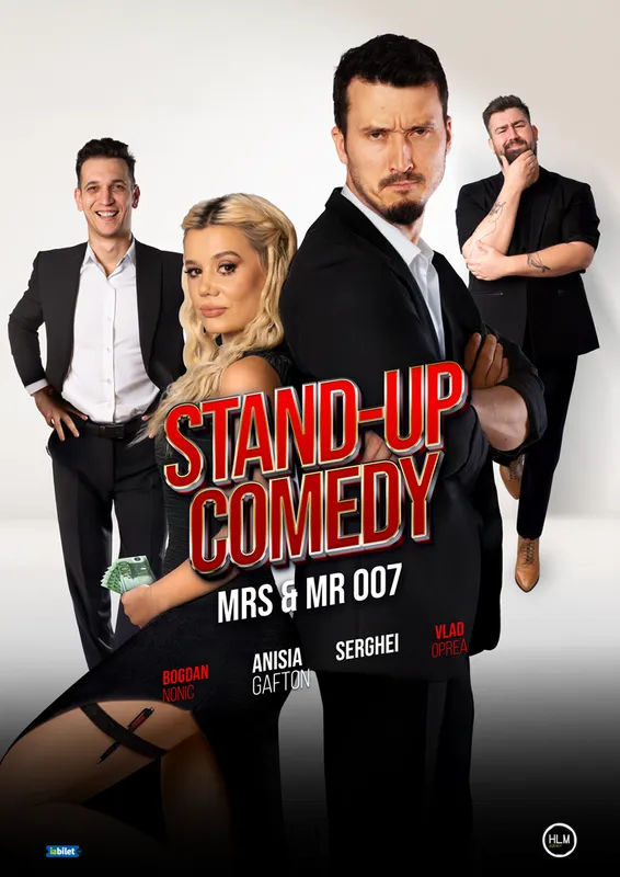 Promotional poster for Stand-Up Comedy: four people in suits, central confident man, bold red title, 'MRS & MR 007'.