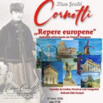 Poster for the Dolj Cultural and Art Center event, showing a faded historic figure on the left and a collage of European landmarks, with event details in Romanian (May 27, 2026, Craiova).