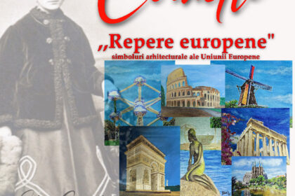 Poster for the Dolj Cultural and Art Center event, showing a faded historic figure on the left and a collage of European landmarks, with event details in Romanian (May 27, 2026, Craiova).