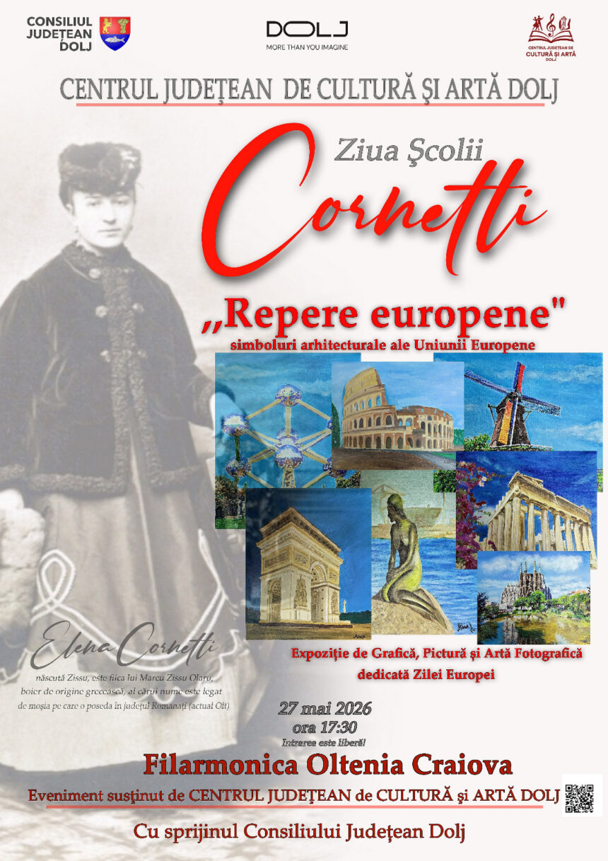 Poster for the Dolj Cultural and Art Center event, showing a faded historic figure on the left and a collage of European landmarks, with event details in Romanian (May 27, 2026, Craiova).